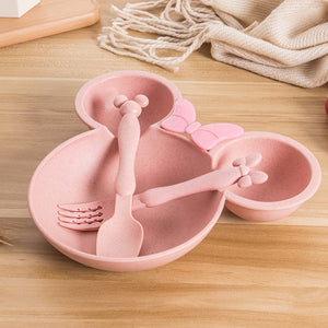 Natural Wheat Straw Bowl Baby Cartoon Tableware Set Toddler Kids Dinner Feeding Food Plate Children Training Bowl Spoon Fork