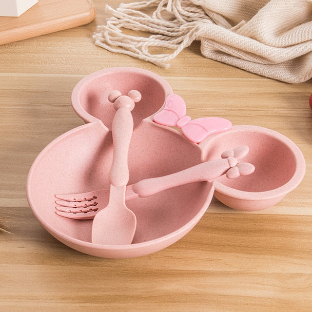 Natural Wheat Straw Bowl Baby Cartoon Tableware Set Toddler Kids Dinner Feeding Food Plate Children Training Bowl Spoon Fork
